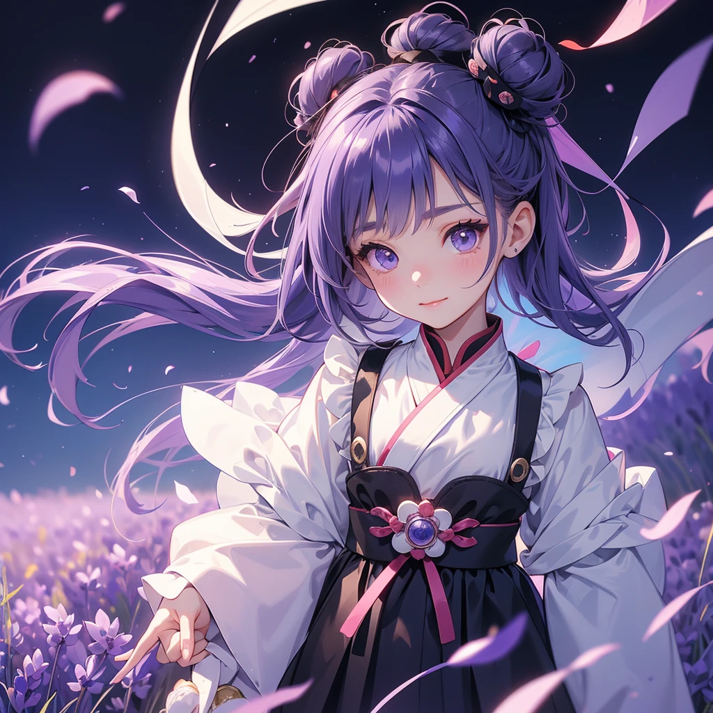 A chibi child girl had a small face and Wearing white little Taoist priest's outfit. A pair of big round eyes shone with curiosity about him. This child was so cute, Stroll among the purple lavender fields , There are some floating clouds.
her hair is black with two buns on her hair.small chibi, chibi baby, smiling ,Chibi.