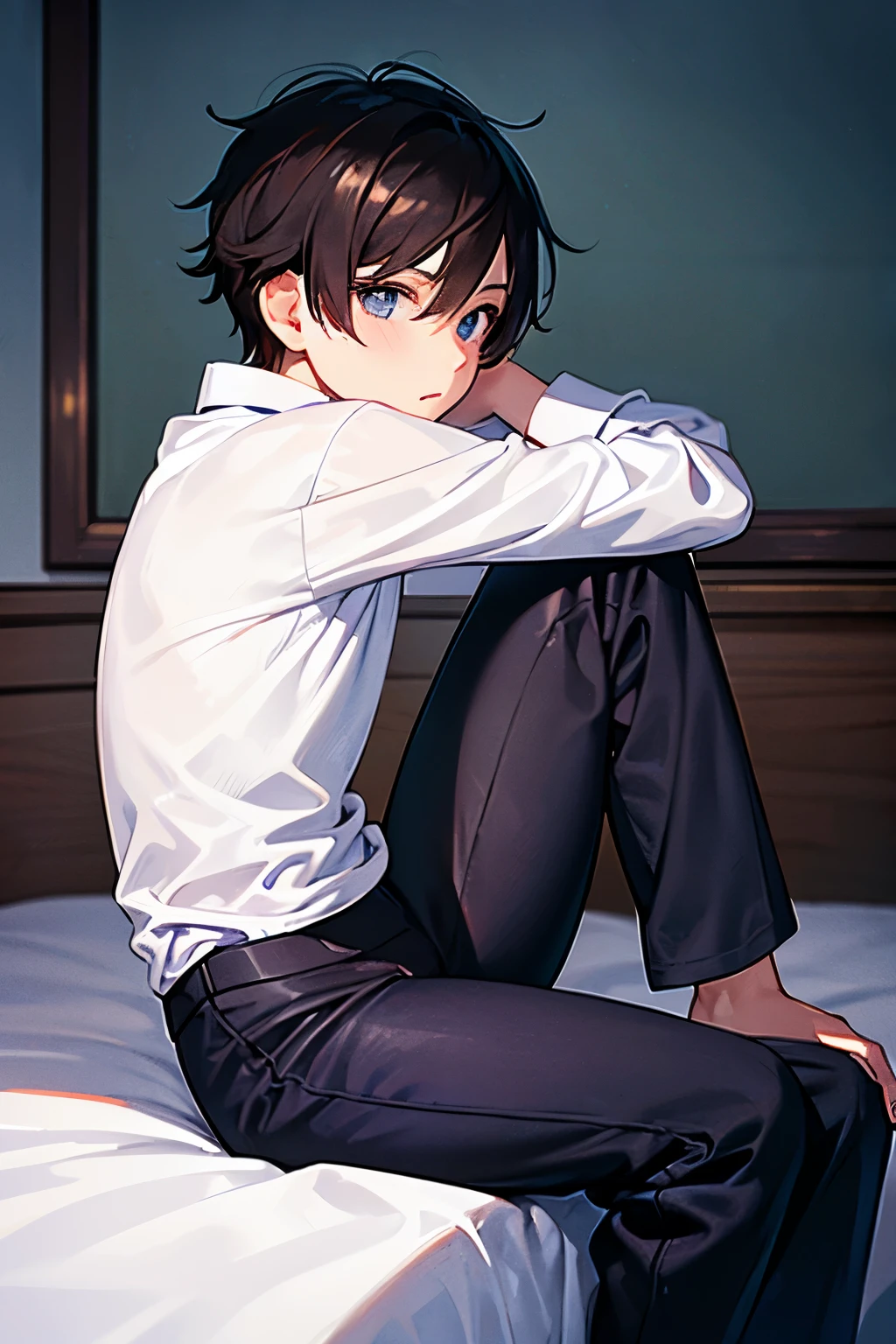 a boy sitting in a bedroom, wearing a white sleeve shirt and black long underwear, viewed from the side,