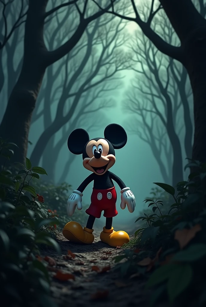 Mickey mouse is scared in the forest
