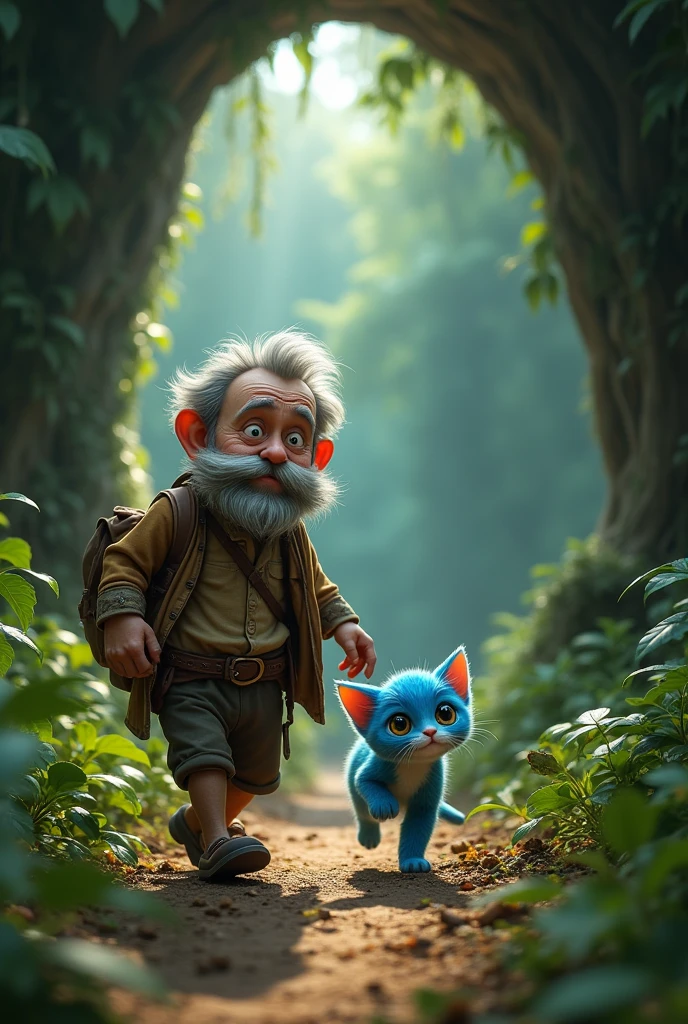 A cute little kitten with blue color going to a cave with a poor old man with small French beard in brown clothes in the jungle ai image
