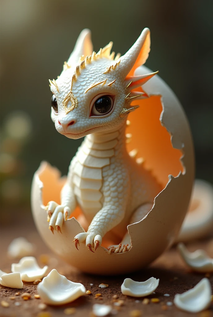 spawn from closed dragon egg, White color, with scales and gold details on the outside