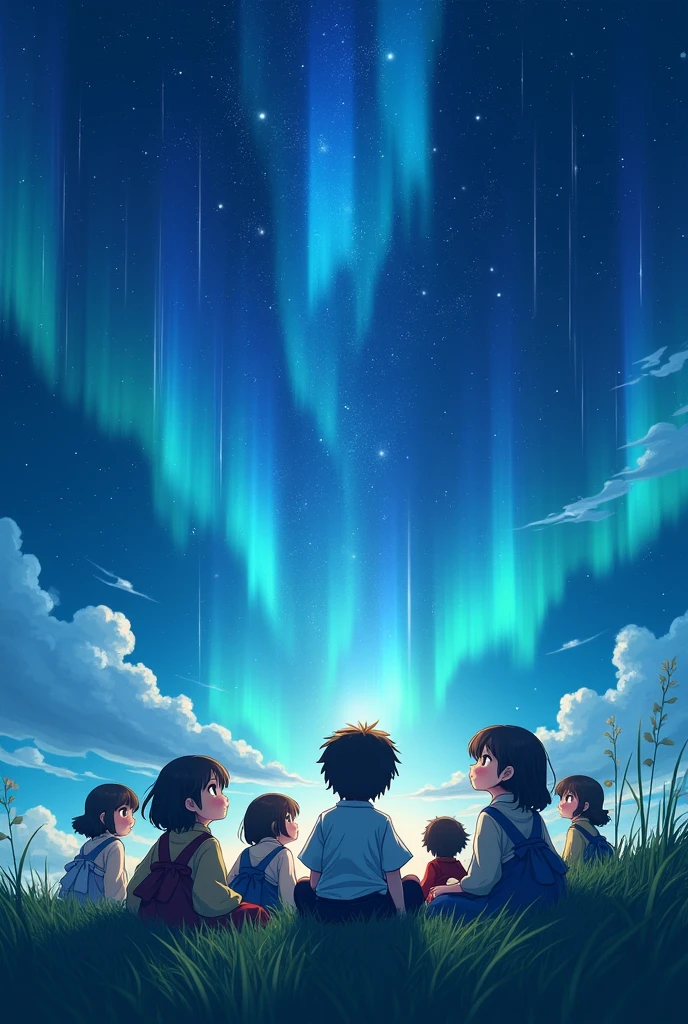 Animie japan Falling stars, the sky has northern lights, children lying on the grass looking at the stars