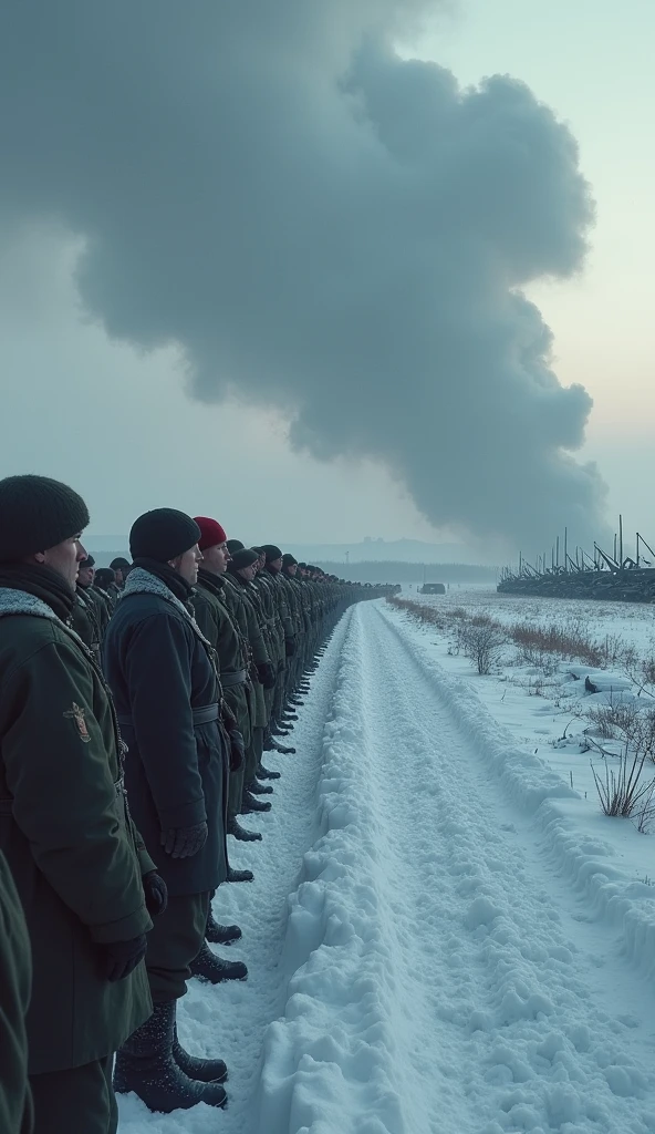 A grim, snow-covered landscape where 11 million Soviet soldiers stand ready for battle. The soldiers are dressed in winter gear, their breath visible in the cold air. Tanks and artillery are positioned among them, with the distant ruins of a city partially visible under a dark, clouded sky.