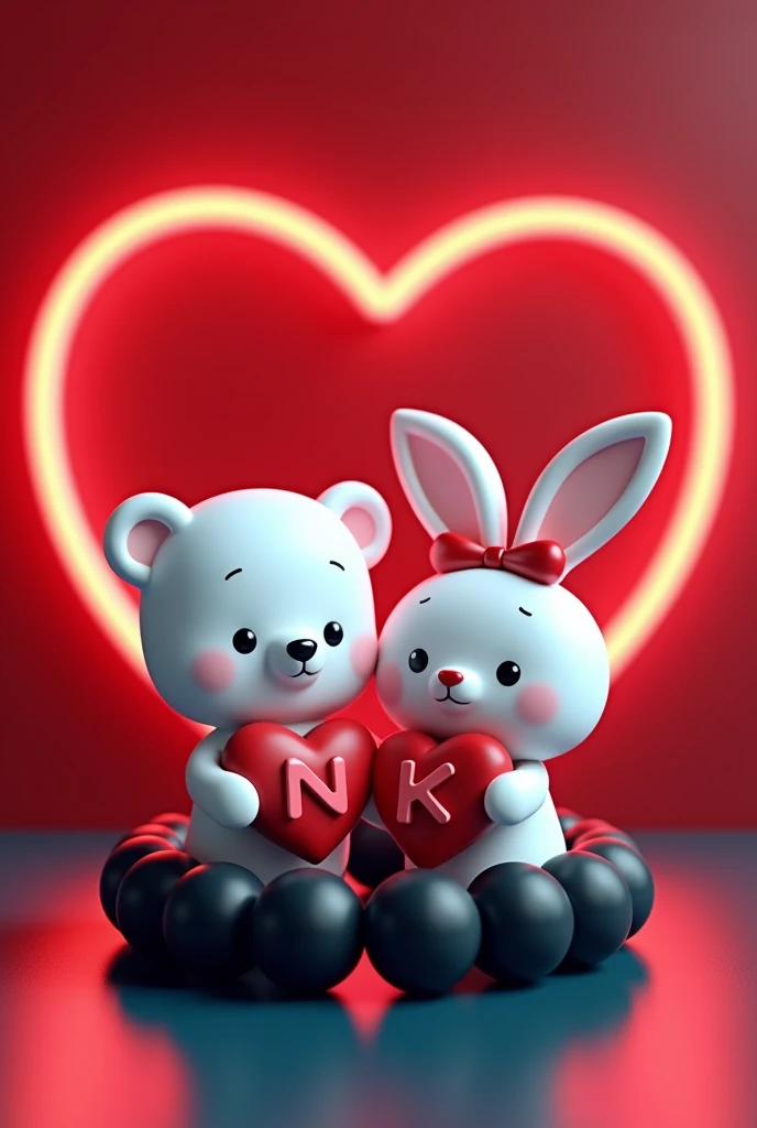 A 3D render of a white teddy bear and a white bunny rabbit wearing a red bow holding red hearts capital alphabets "N" and "K" written on hearts, are standing in a black beaded bracelet. The bracelet is sitting on a dark red and blue surface with a neon red heart shape in the background.  The image is in the style of a cute cartoon.