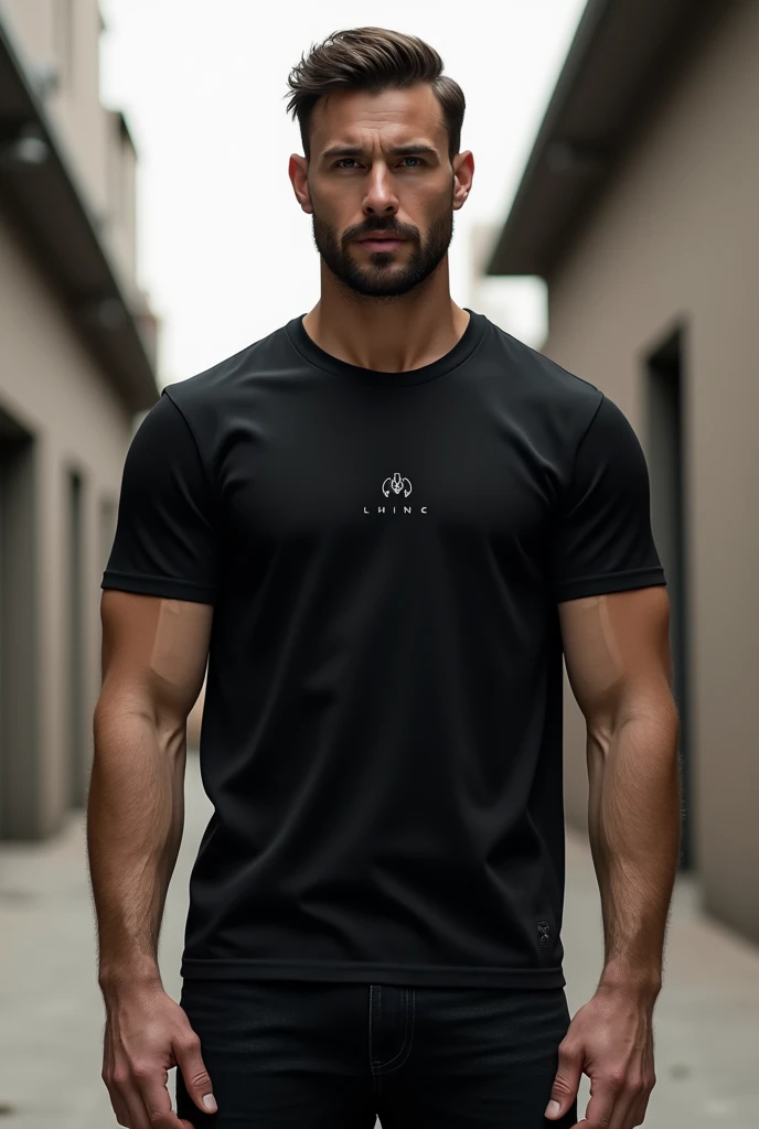 a man standing with a black t-shirt mockup