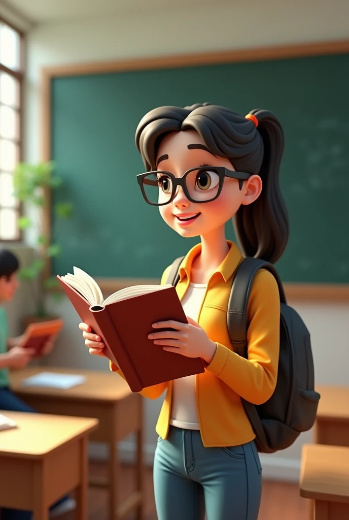 One in a college classroom，Hold a book，Behind her is a blackboard，3d cartoon style