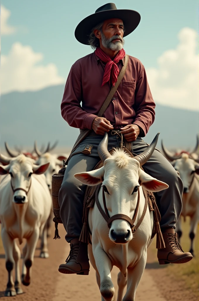 Typical Brazilian from the first half of the 20th century,drover riding a pack mule with saddlebags,playing white nelore cattle, wearing black curved wide brim hat, red silk scarf knotted around the neck, wine colored shirt, guaiaca with paired knife from Sorocaba, handmade wooden handle, playing loud, wearing gray wide-leg pants,brown russilhona ankle boot.