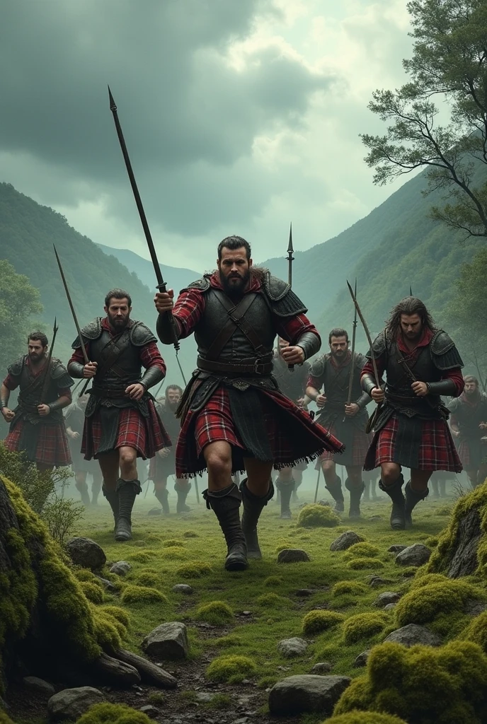 Warriors in tartan plaid skirts at war storm and green moss