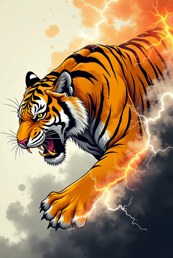 A HIGHLY DETAILED Stylized  yellow tiger LEAPING ON A STYLIZED THUNDER INK FIRE

