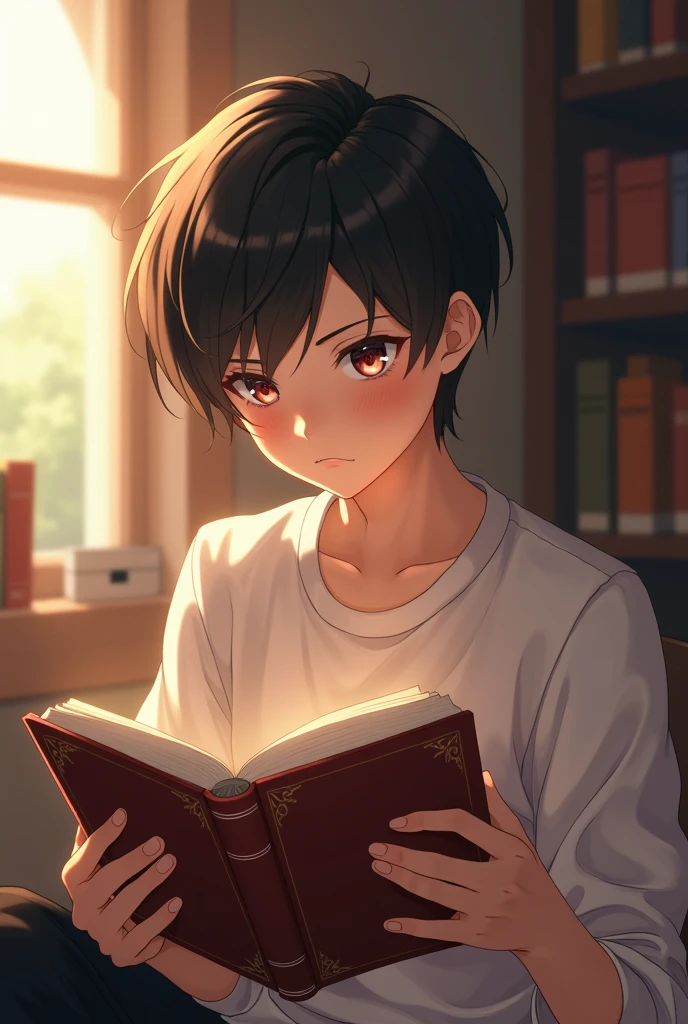 An anime boy reading a book