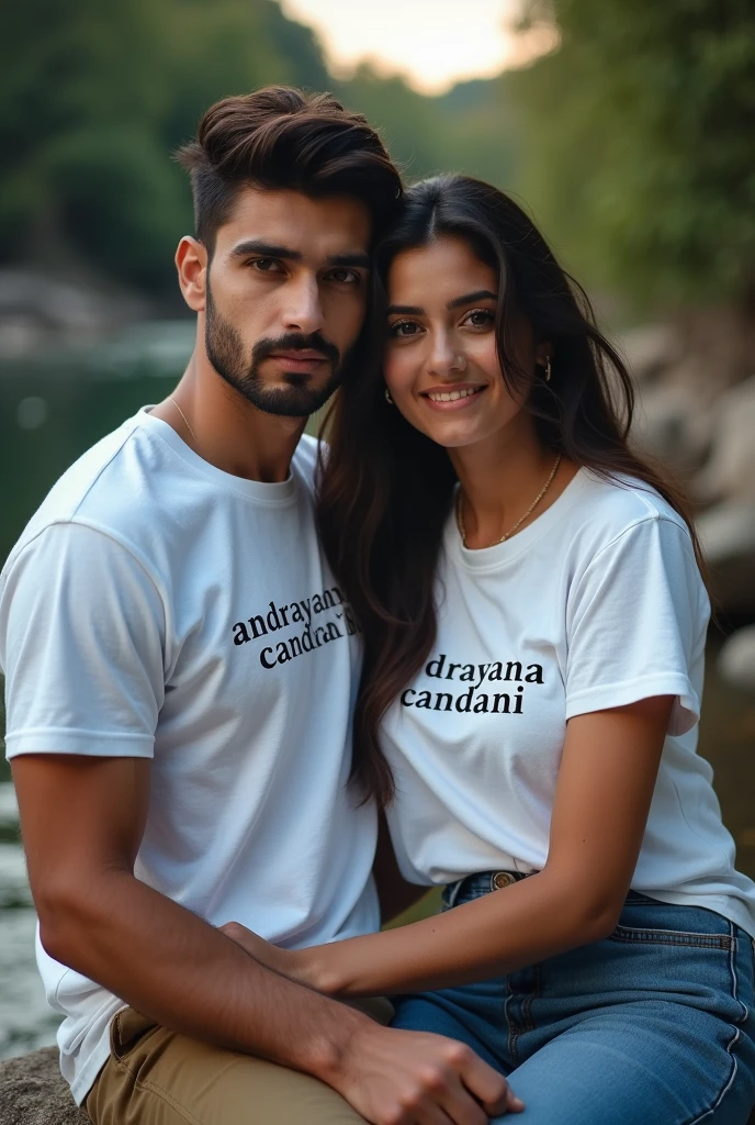 A handsome man and woman facing the camera wearing white t-shirts with the words "andrayana candani", sitting on a rock near the river in the twilight atmosphere, looking at the camera