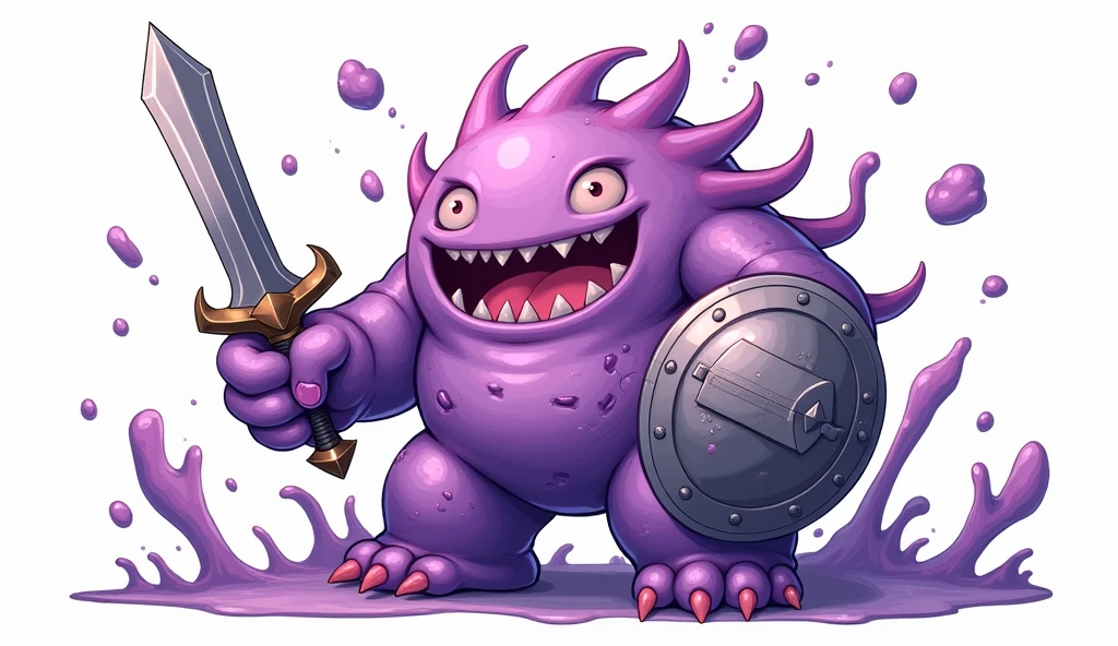 ((Highest quality)), ((masterpiece)), (detailed),A gel-like, disintegrating creature、Purple、Holding a metal hero&#39;s shield in one hand and a metal hero&#39;s sword in the other、Her face is cute、One person、Gender: Male、Anime Style、Hand-drawn drawing、Facing forward、mad look
