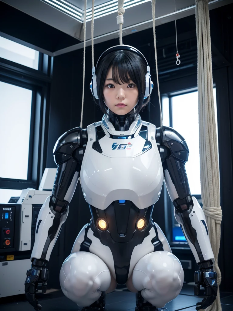 Japanese female android,Black Hair,Floating, suspended from the ceiling by ropes,Plump,Slightly thicker,Squat,White robot suit,There is a control panel on the chest.,Robotic arms and legs,A room filled with machines,