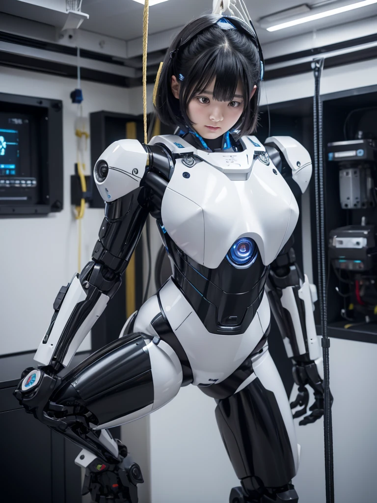 Japanese female android,Black Hair,Floating, suspended from the ceiling by ropes,Plump,Slightly thicker,Squat,White robot suit,There is a control panel on the chest.,Robotic arms and legs,A room filled with machines,