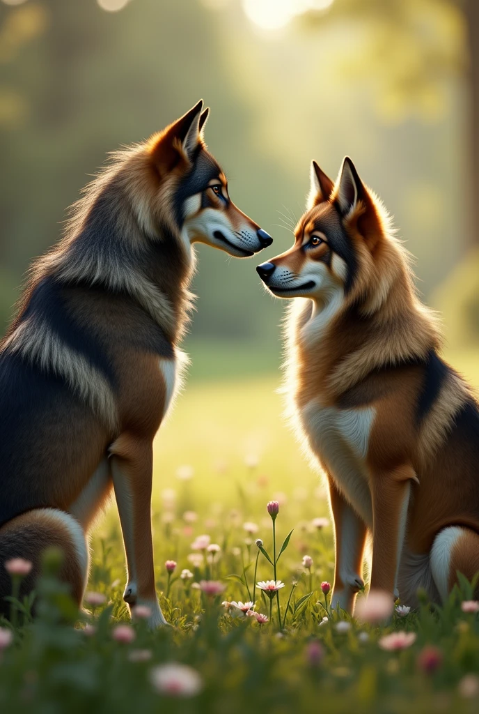 A skinny wolf talks to a beautiful dog.