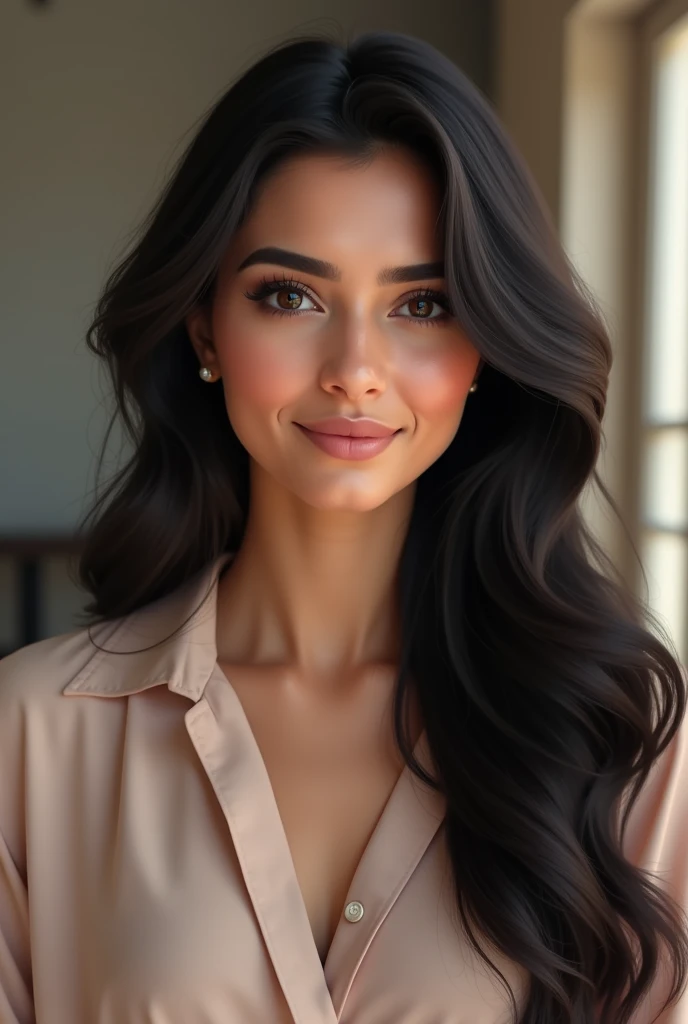 Generate an image of a real-looking beautiful young woman aged between 22-25 with Arabic features. She should have a smooth, natural complexion, expressive dark eyes, and long, wavy dark hair. Her face should appear realistic with subtle makeup that enhances her natural beauty, giving her a lifelike appearance. She is softly smiling, exuding a sense of confidence and warmth. Her clothing should reflect a modern yet modest Arabic style, like a fashionable blouse or dress, and a light scarf. The focus should be on her face, with a softly blurred background to give a photo-realistic effect.