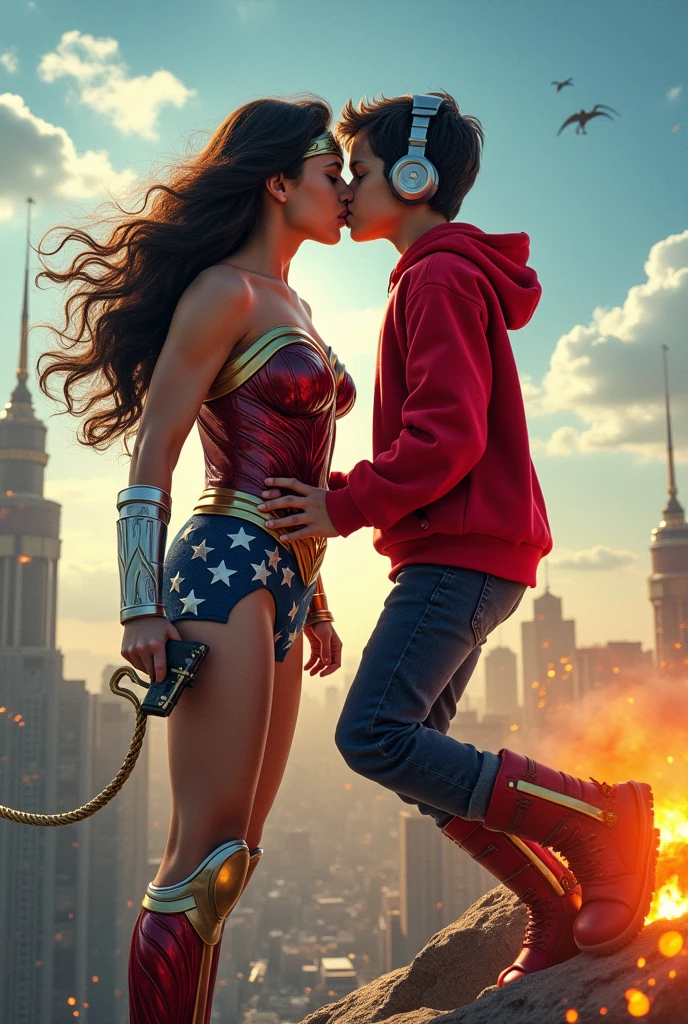 with red hoodie, headphones, rocket boots, & wonder woman (Big tits & perfect body), Busty, fighting, power, fiction, full body, 2 persons, magic fire lasso, hight, fall, fire in boots, poweful spells, realistic, gun, flying in the sky, love, passion, kissing, Romance, kiss on the mouth, tongue kiss, kiss on the breasts, city, happy, blue sky, She Sitting on her legs, passionate, looking at camera