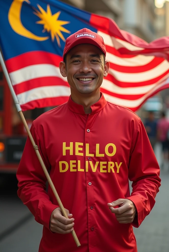 a malay man wearing a red dress with the word hello delivery and holding a perfect malaysian flag without any tears and an inverted star moon