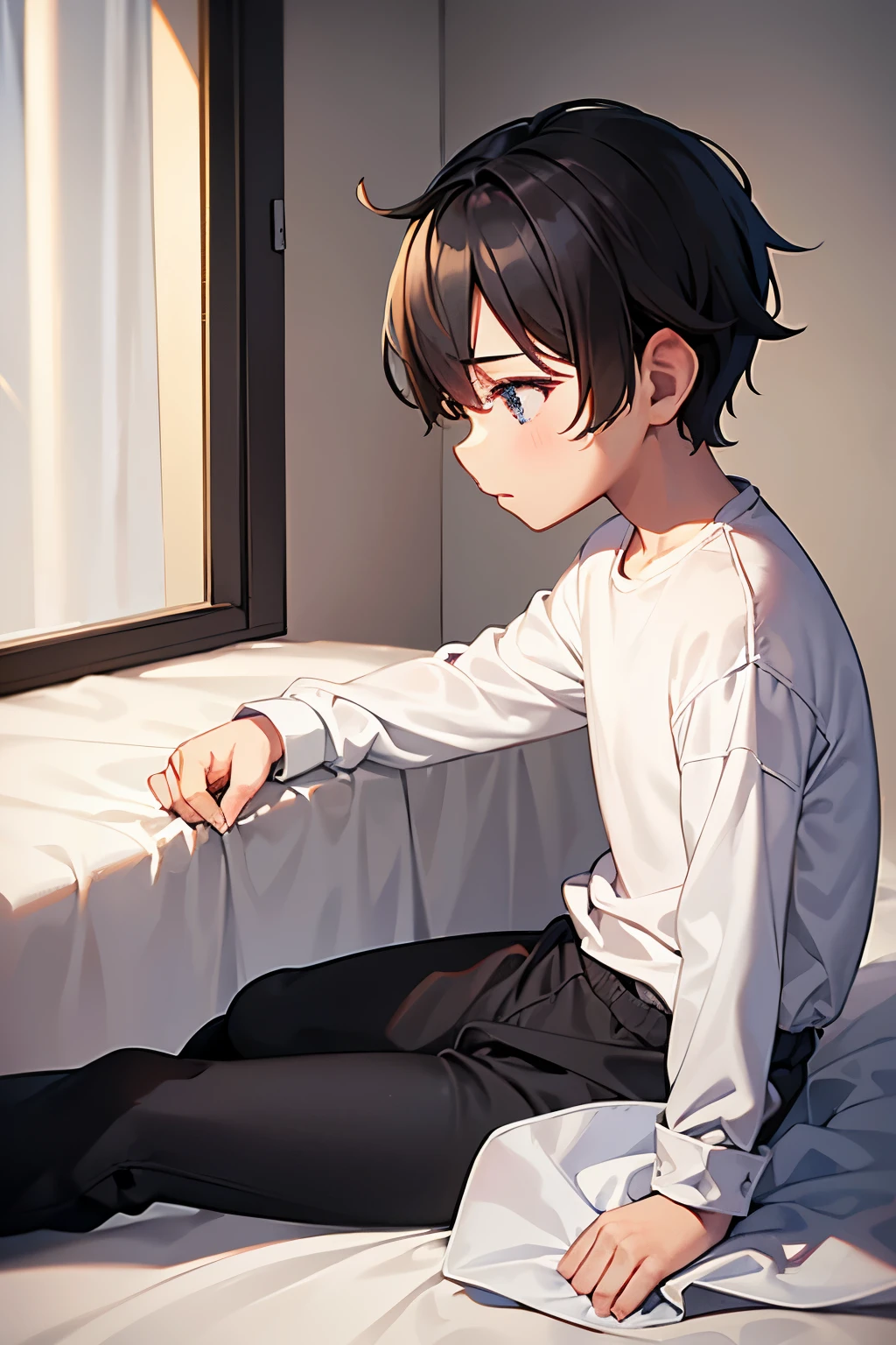 a boy sitting in a bedroom, wearing a white sleeve shirt and black long underwear, viewed from the side,