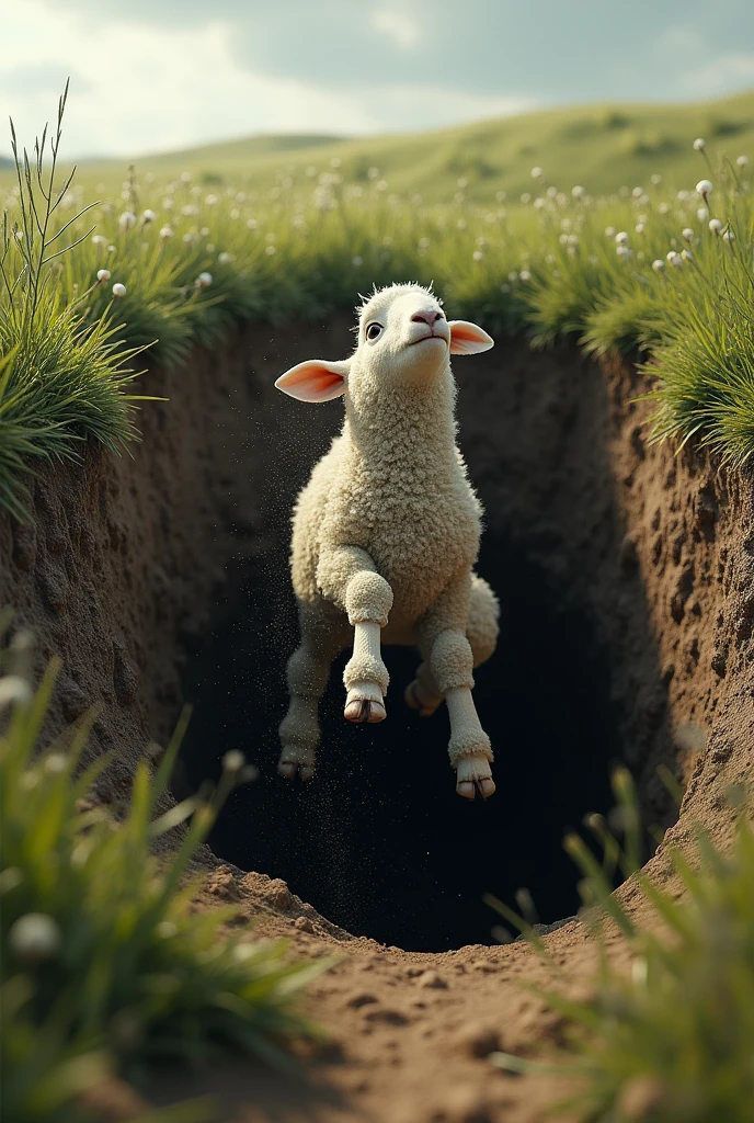 Create a realistic image of a sheep falling into a hole