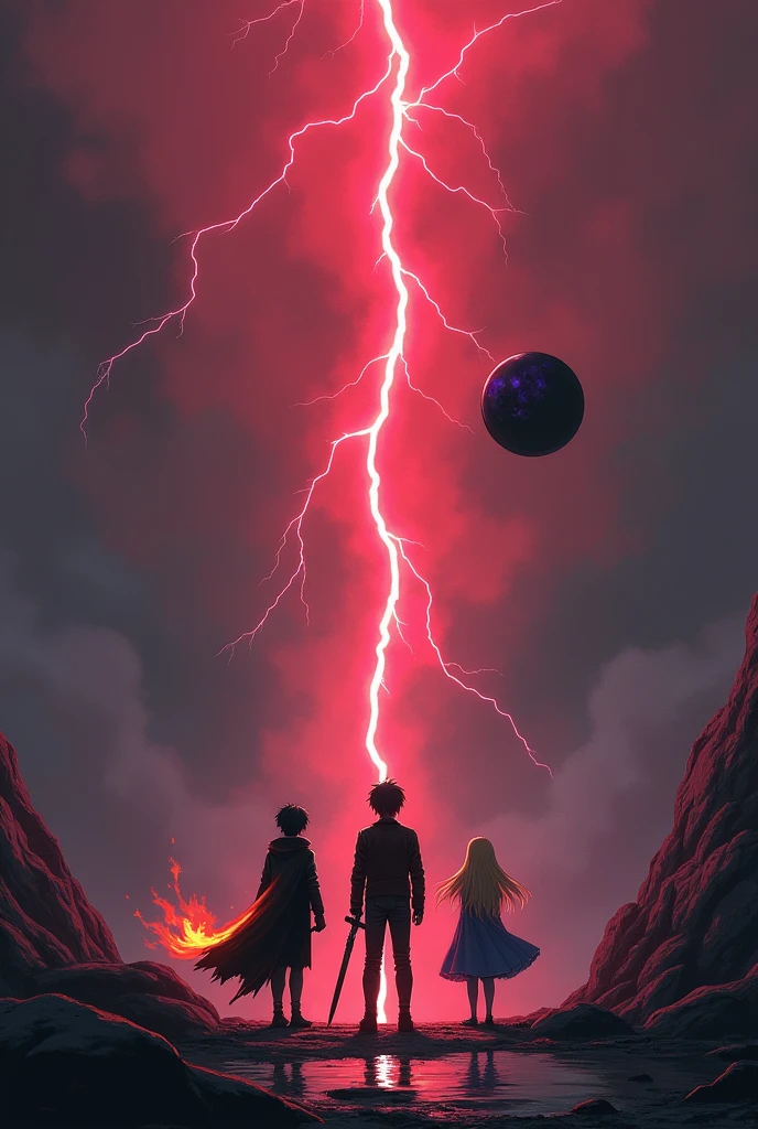 Deux garçons et une filles se trouvent de dos, face à un grand éclair rouge qui vient illuminer le ciel.
Ces trois personnes sont dans le creux d'une montagne.
Le garçon de gauche a une longue veste noire avec des flamme de feu à son extrémité, avec une épée enflammée dans sa main gauche. Le garçon du milieu est debout sur un rocher, avec une veste en cuire couleur marron foncé qui s'arrête à sa taille. La fille est blonde avec une longue robe bleue. La femme a les pieds dans une flaque d'eau.
Une boule noire et violette volent dans le ciel, et se fait transpercée par l'éclair rouge. Il fait sombre.