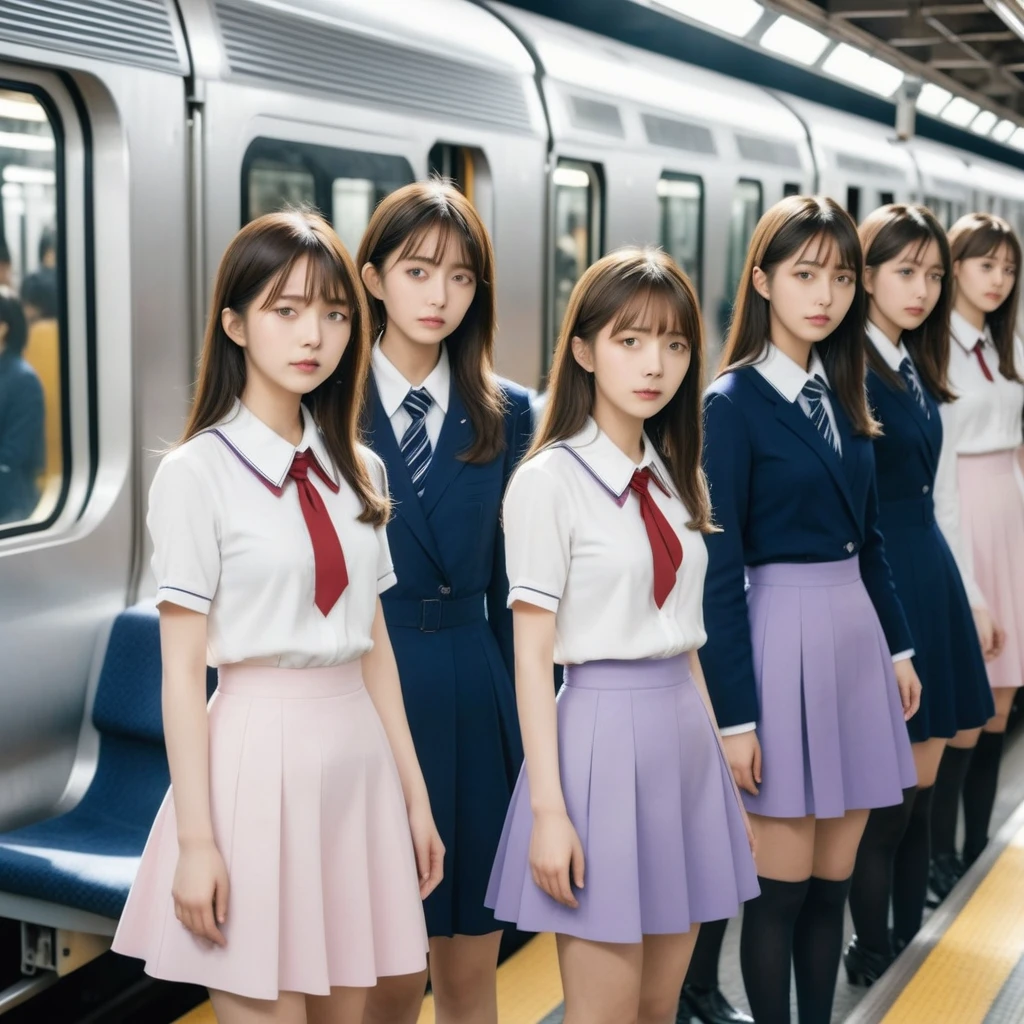 Dark blue blazer、white  shirt、Red Big Ribbon、(Super Mini Flared Skirt), Red tie, White socks, lowfers,Light Brown Fringe Longhair、disheveled hair、Light brown eyes、1girll、(Shy look)、(Photorealsitic)、(intricate detailes:1.2)、(​masterpiece、:1.3)、(top-quality:1.4)、(超A high resolution:1.2)、超A high resolution、(A detailed eye)、(detailed facial features)、nffsw、8K分辨率、、(lensflare:0.7)、(((((()))))、Valley、Emphasize the valley、a short skirt、I'm worried that I can't see my underwear、Touching the skirt、beauty legs、Seductive thighs、emphasizes the front thighs、frombelow、Standing on the train、School bag、Stuffed animals in bags