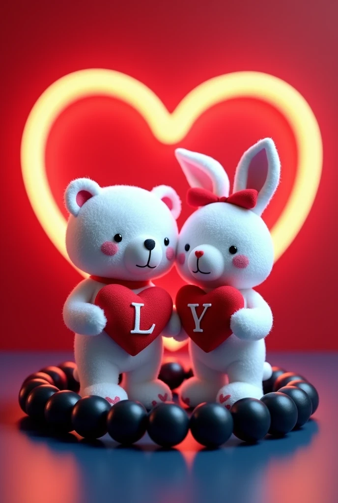 A 3D render of a white teddy bear and a white bunny rabbit wearing a red bow holding red hearts capital alphabets "N" and "Z" written on hearts, are standing in a black beaded bracelet. The bracelet is sitting on a dark red and blue surface with a neon red heart shape in the background.  The image is in the style of a cute cartoon.