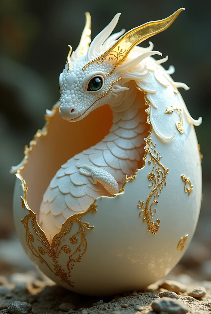 generate me from an egg, White color, with scales and gold details on the outside