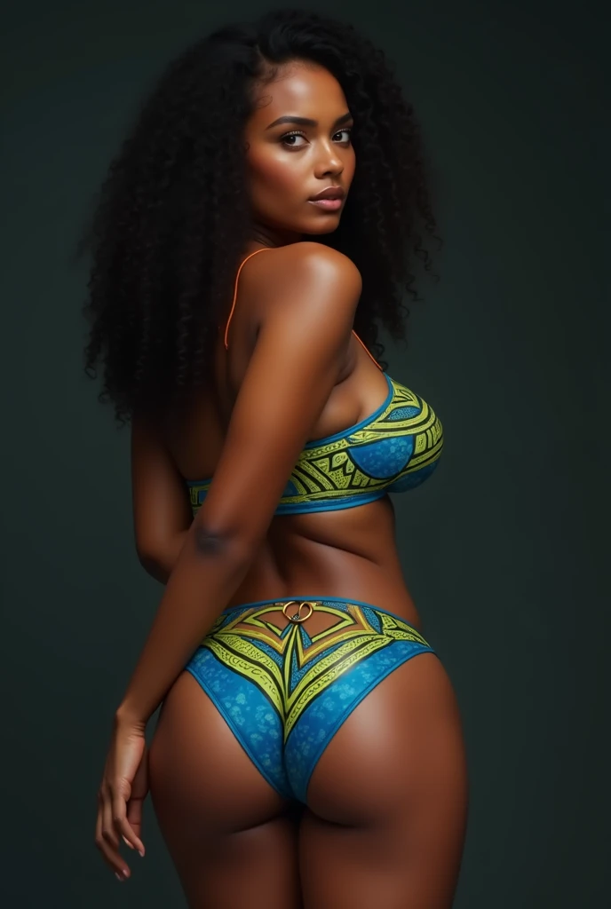 (Extremely detailed CG 8k wallpaper), world class portrait of the most curvaceous aboriginal woman in the world, dynamic pose, beautiful face, (light skinned brown:1.2), large_breast, ample hips, (insanely detailed accentuated big booty), beautiful (booty:0.75), (thick_thighs), ((well toned body:0.75)), blue and neon green tribal bikini, ((realistic skin:0.75)), detailed symmetrical body, detailed symmetrical hands, delicious looking booty, (mascara, makeup), (shiny lips), detailed cinematic lighting, rim lighting,