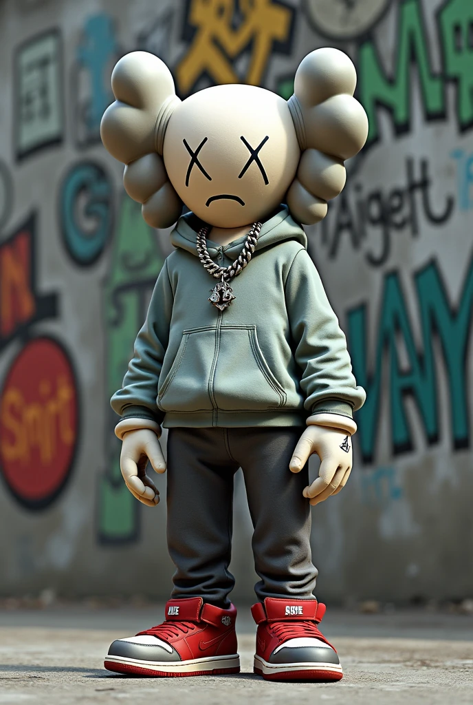 A unique, anthropomorphic figure ,kaws face style and body, two large buck bone horns structures on its head, a streetwear GB hoodie style. The figure is adorned with chains necklace, and a pair of Jordan sneakers. It stands in front of a graffiti-covered wall, with various symbols and words painted.The ground appears to be a concrete skatepark ground