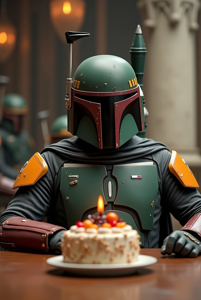 Boba Fett sitting at a table eating birthday cake、Star Wars、movie、Mandaean、