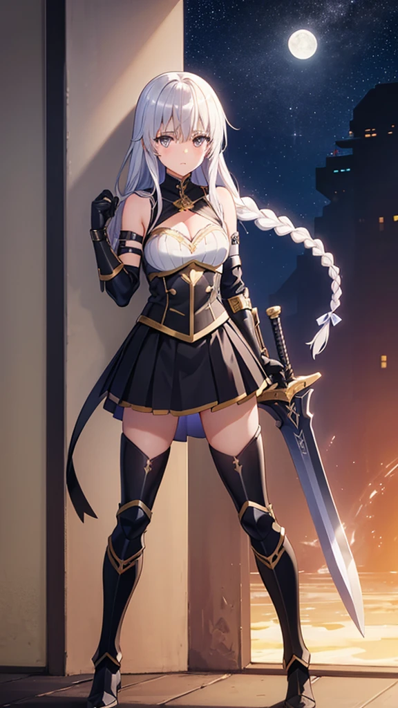 Girl with long silver hair and golden eyes,silver forehead protector,Chest,cleavage,Pitch black armor,Hand guard,Iron skirt,Bare Legs,Jet black iron boots,cross sword,Standing,moon,starry night, low double braid,