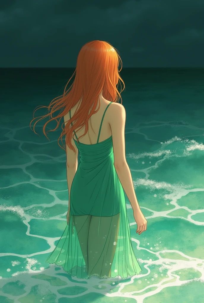 (masterpiece, Highest quality), ((One girl, alone, Long Hair)), Ishmael_edge, Innocent look, Bare arms, Exposing shoulders, Bare neck, watercolor, Sundress, Liquid clothing, water, Wave, water dress, green_theme, night, haze, dark, Sharp focus, Ocean, See-through dress, Orange Hair