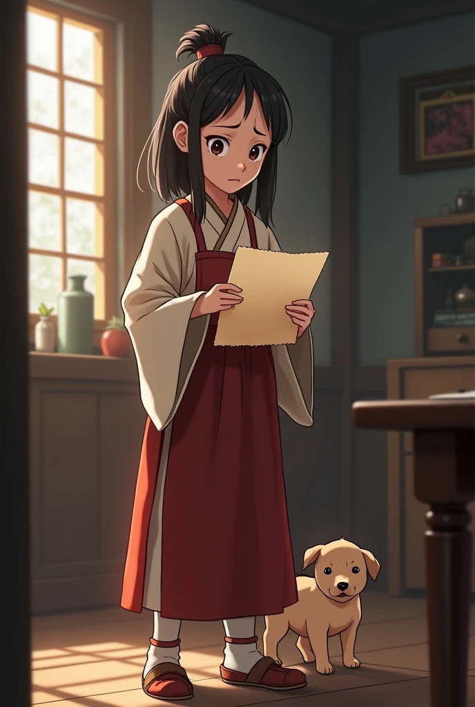 Inside Kiya,Apprentice Xiao Qi is holding a letter,Looks a little nervous。There was a puppy following behind her.,noob,Looking at the letter curiously。Xiao Qi's fingers tightly grasped the letter paper,The look in his eyes revealed anxiety and doubt。