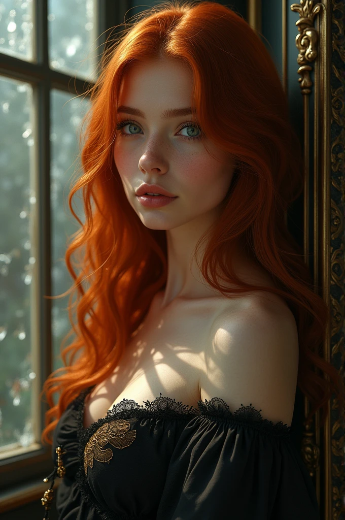 (solo, full body photo:1.3), (action packed:1.3), (haze, fog, mist:1.3), chiaroscuro, best quality, photorealistic, 1woman, (cute), (24yo:1.2), redhead, long ginger hair highly detailed, 1700'S, digital photography, art by artgerm and ruan jia and greg rutkowski surreal painting gold butterfly filigree, broken glass, (masterpiece, sidelighting, finely detailed Fashionable eyes: 1.2) (perfect oval large eyes that gazes at the viewer), beautiful detailed face, blue gorgeous perfect eyes, (blonde hair ponytail), (attractive young woman:1.3), (thick amazing hair), (seductive:1.1), (blushing:1.1)