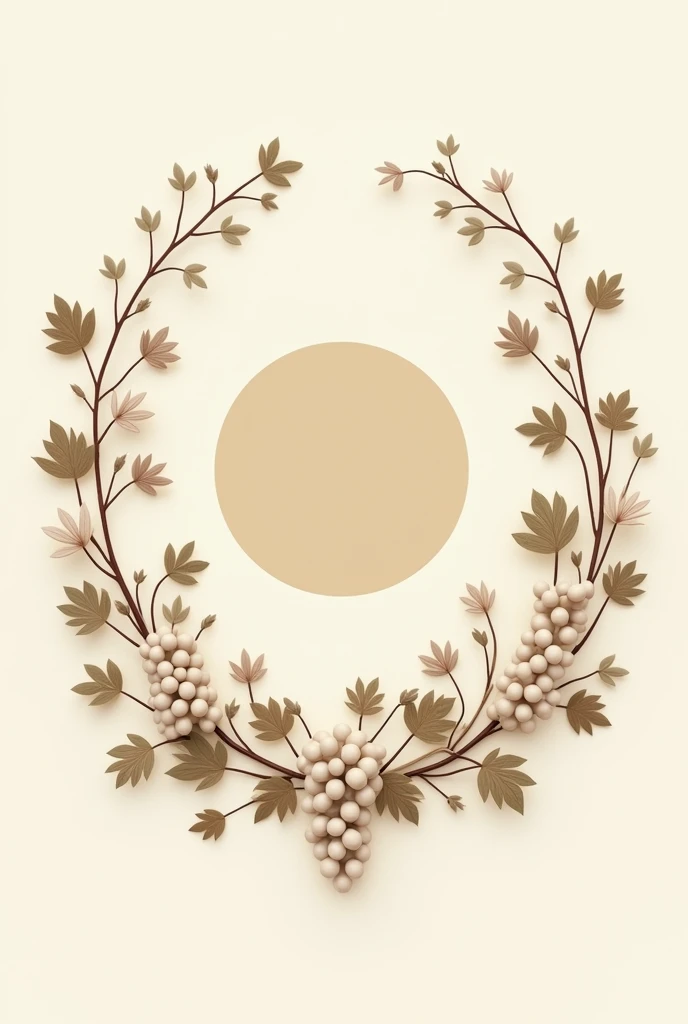 Create a circle-shaped logo that represents tiny and small with beige and white colors, surrounded by plants and grapes, Aesthetic