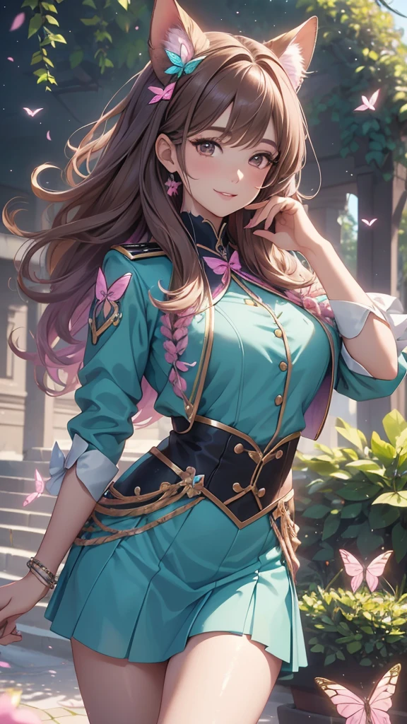 (best quality,4k,8k,highres,masterpiece:1.2),ultra-detailed,(realistic,photorealistic,photo-realistic:1.37),acrylic painting,beautiful Brazilian model in a uniform outfit with downy hair,beautiful Brazilian model with extremely colorful brown hair and detailed facial features,beautiful Brazilian model standing in a beautiful garden sakura flowers, long hair,cat ears, hair bows, glitter sparkling uniform skirt outfits, smile, happy face,light brown hair,butterflies, brown eyes, mature woman, older woman, 30 year old, adult woman. Older lady, posing,Solo, teal and pink butterflies, close up, teal and pink