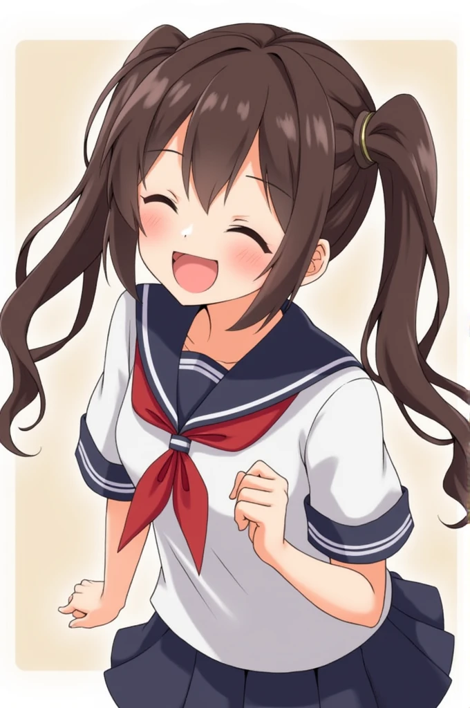 Anime girl. Brune, curtain bangs, pigtails. Long hair. She is laughing. She wears an uniform.