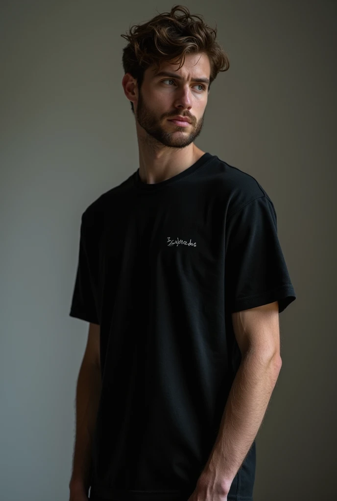 a young man standing with a black t-shirt mockup