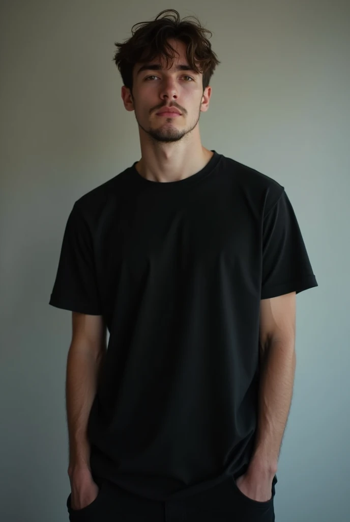 a young man standing with a black t-shirt mockup
