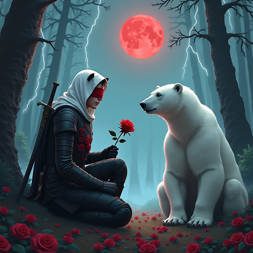 Male knight with a white hood with bear ears with sword behind his back sits towards a polar bear in a forest while the moon shines, many Roses cover the ground and lightning falls from the sky. The polar bear has black eyes and a calm appearance. Only the man wears a red blindfold. In the background of the picture is the blood moon. The forest is full of trees with leaves. The armor of the man is black with red roses on it. The knight smells on a rose.