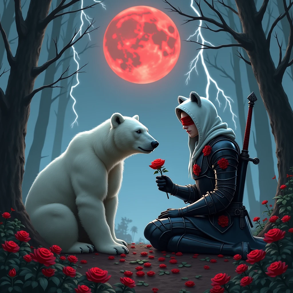 Male knight with a white hood with bear ears with sword behind his back sits towards a polar bear in a forest while the moon shines, many Roses cover the ground and lightning falls from the sky. The polar bear has black eyes and a calm appearance. Only the man wears a red blindfold. In the background of the picture is the blood moon. The forest is full of trees with leaves. The armor of the man is black with red roses on it. The knight smells on a rose.