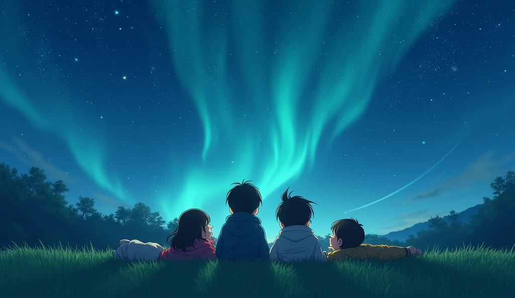 Best japan animie Falling stars, the sky has northern lights, children lying on the grass looking at the stars