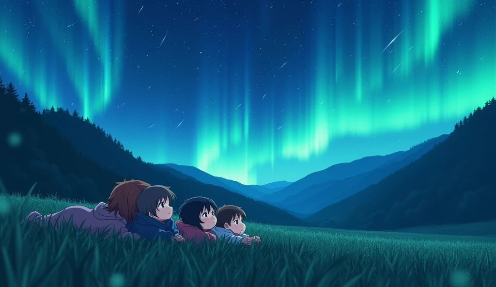 Best japan animie Falling stars, the sky has northern lights, children lying on the grass looking at the stars