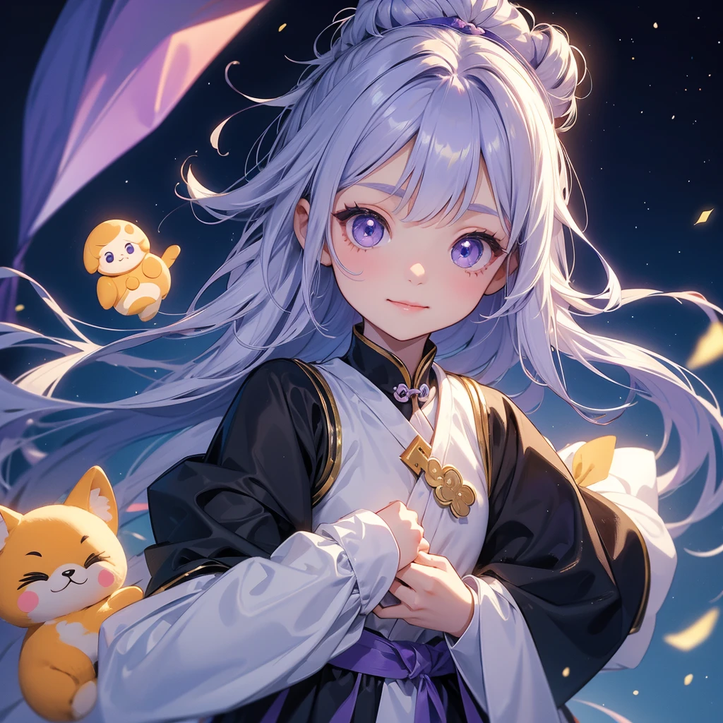 Best Quality, masterpiece, High resolution,, 1 girl, detailed face, (Upper part of the body:1.6), Cyber cities, mountains and rivers, evening, firefly lights, Rich in details, (Hanfu blanco:1.2), (beautiful body:1.4), purple hair, heterochromia, Metallic blue bangs, breasts,