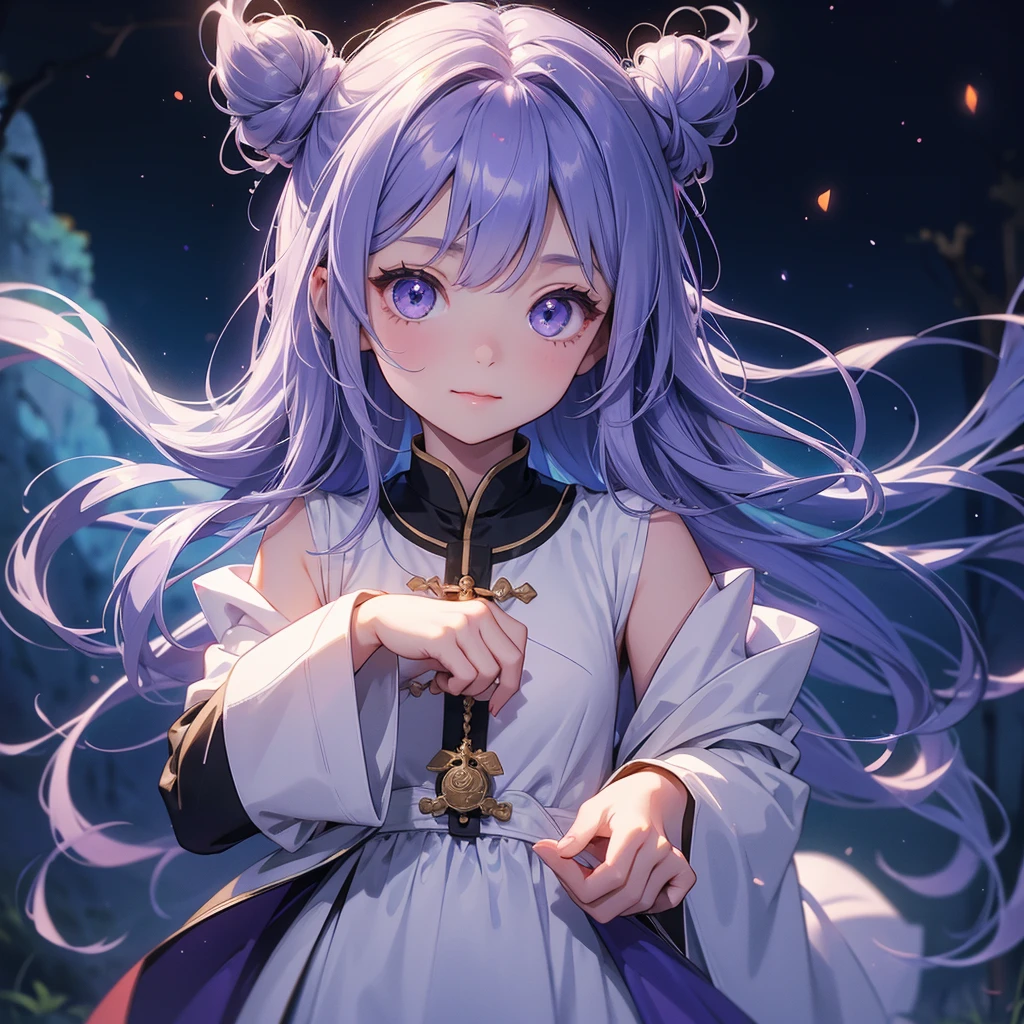 A chibi child girl had a small face and Wearing white little Taoist priest's outfit. A pair of big round eyes shone with curiosity about him. This child was so cute, Background is a dark moonless night, with dry trees in the background, and purple glowing light
her hair is black with two buns on her hair.small chibi, chibi baby, smiling ,Chibi.