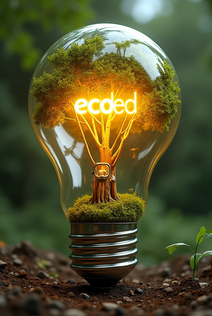 Create a large light bulb themed package, fused with a tree symbolizing sustainability, written on the outside " EcoLed'