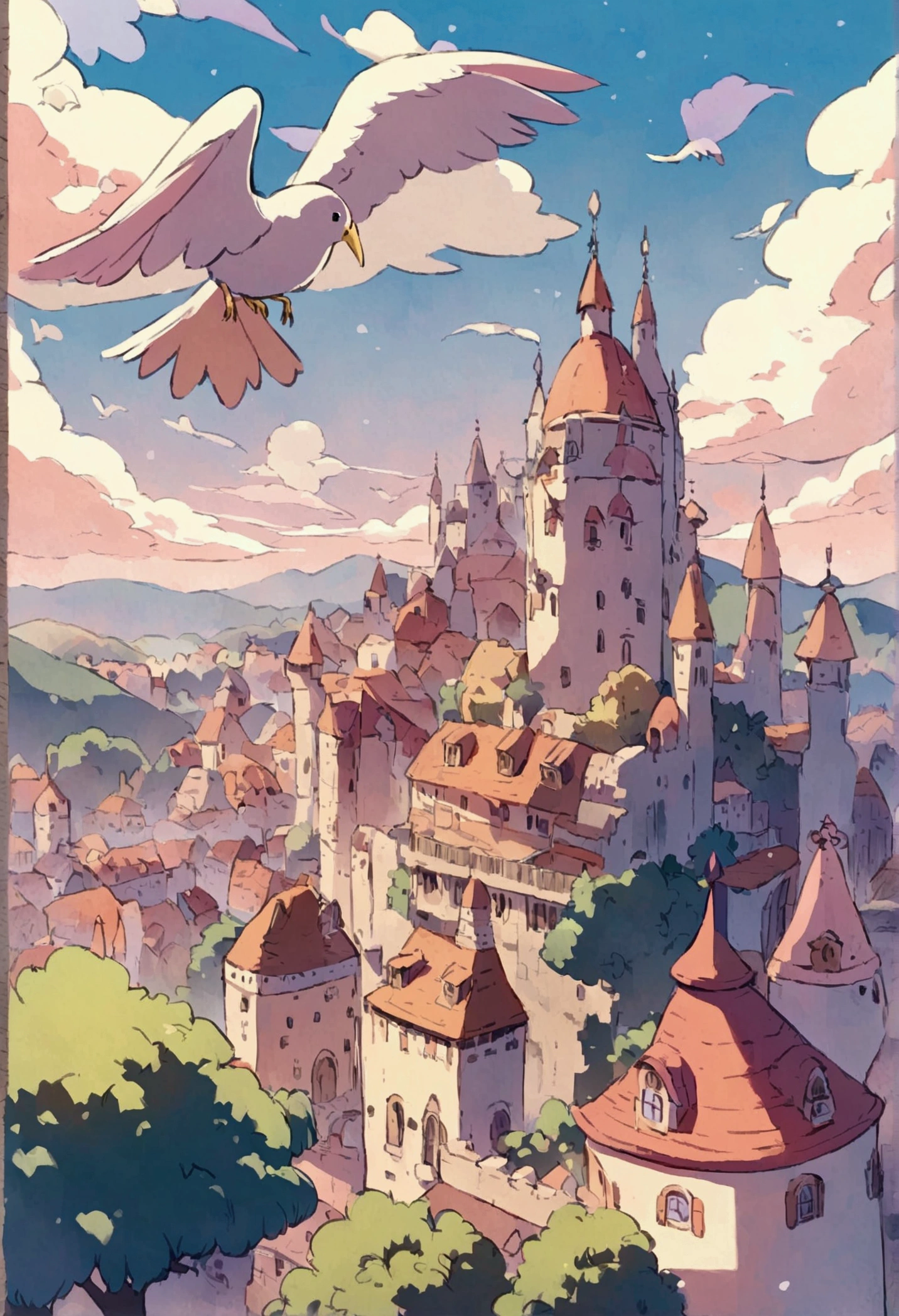 Ghibli Studio Style Town Birds flying pastel colour
