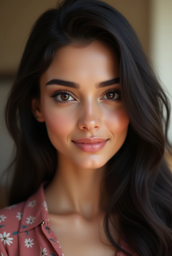 "Generate an image of a real-looking, beautiful young woman aged between 22-25 with Arabic features, focusing only on her face. She should have a smooth, natural complexion, expressive dark eyes, and long, wavy dark hair framing her face. Her look should be realistic with subtle makeup, enhancing her natural beauty and giving her a lifelike appearance. The expression should be soft and warm, with a gentle smile that exudes confidence. The background should be softly blurred to emphasize her face, making it look like a high-quality, realistic portrait.