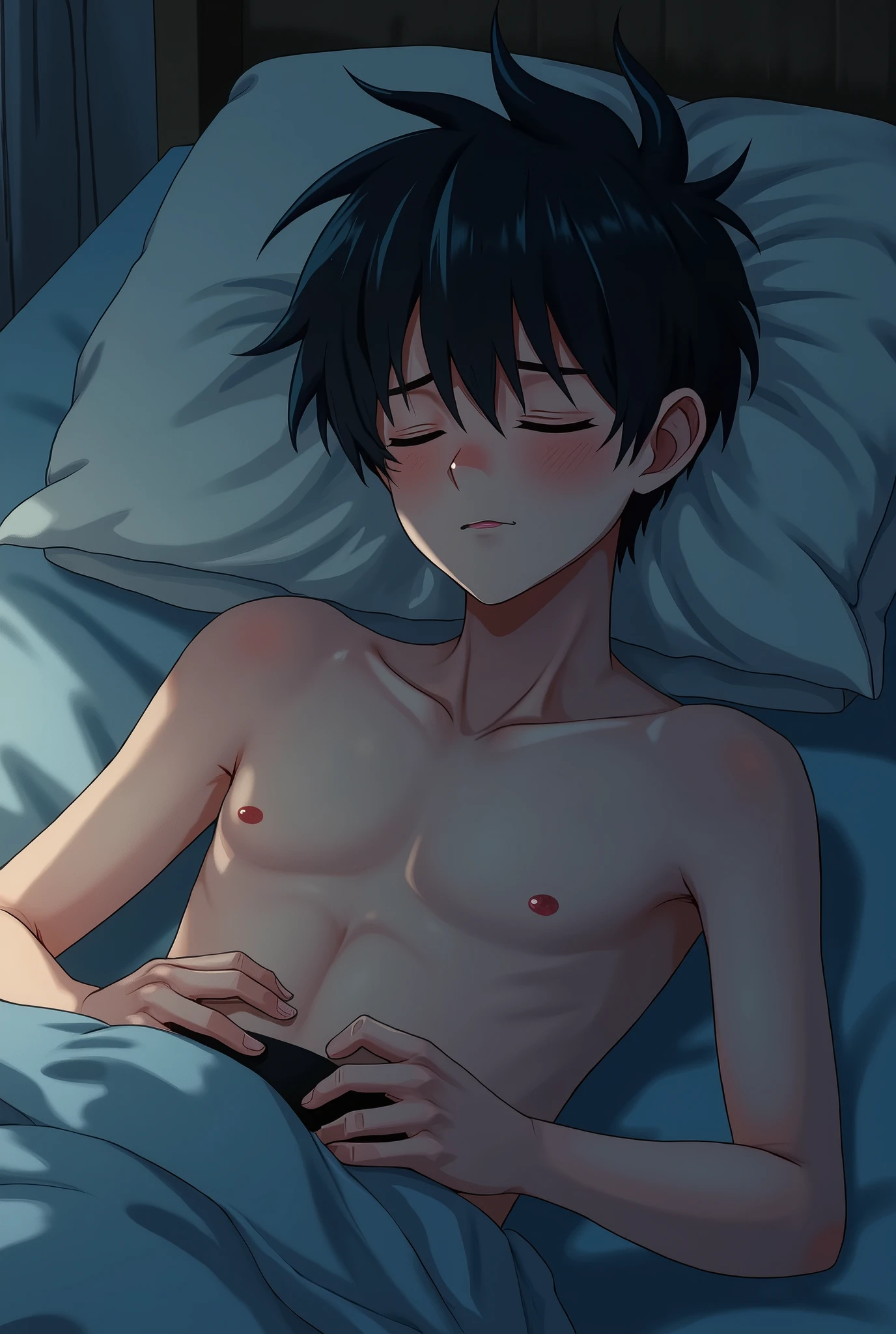 A teenager boy sleep with wet black underwear. His brother smell his underwear.